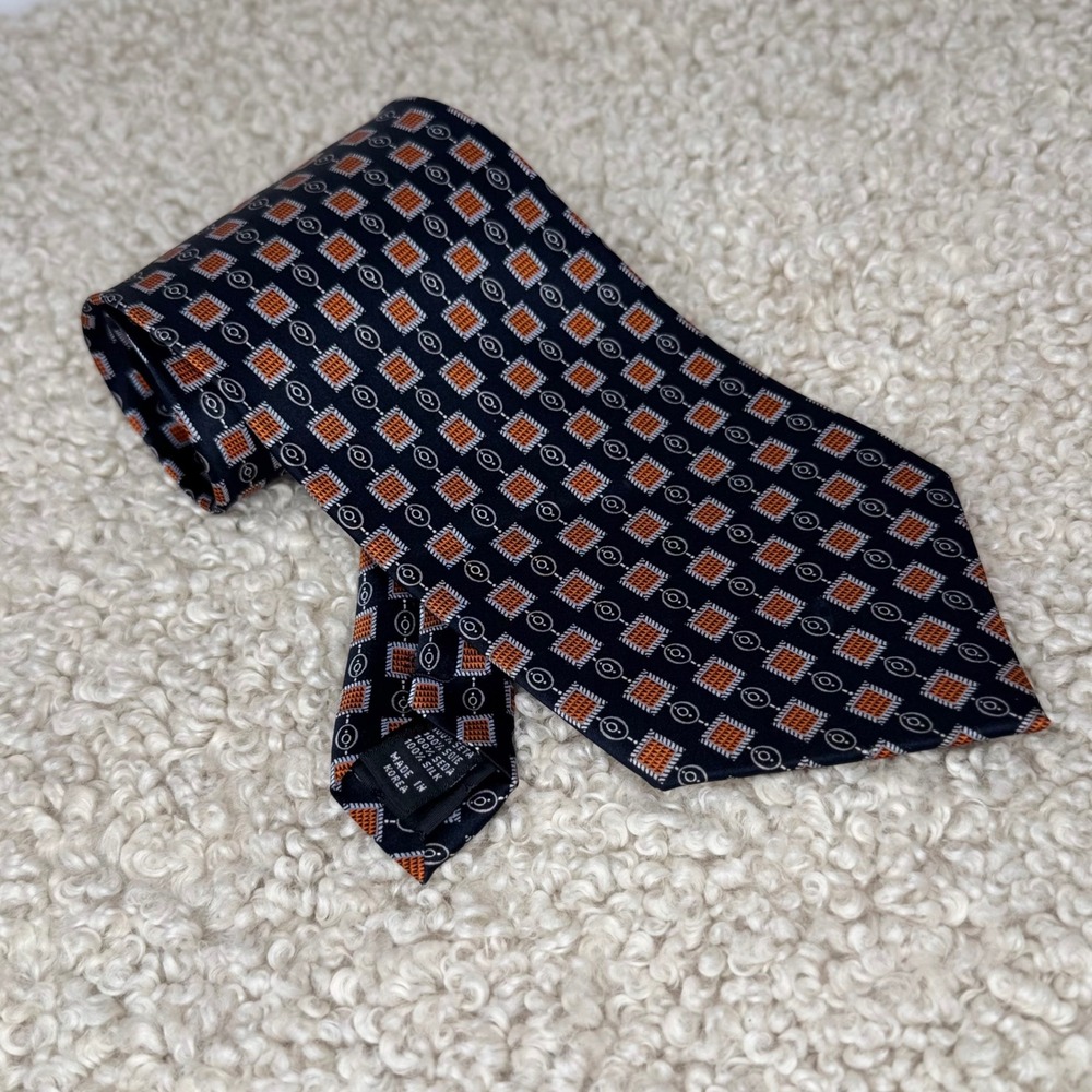 Mosaic %100 Silk Tie Navy Blue Orange Geometric Square Pattern Hand Made Korea